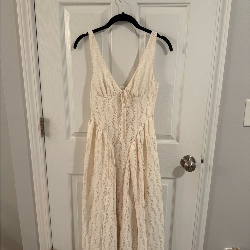 wild fable Cream Lace Midi Dress with V-Neck